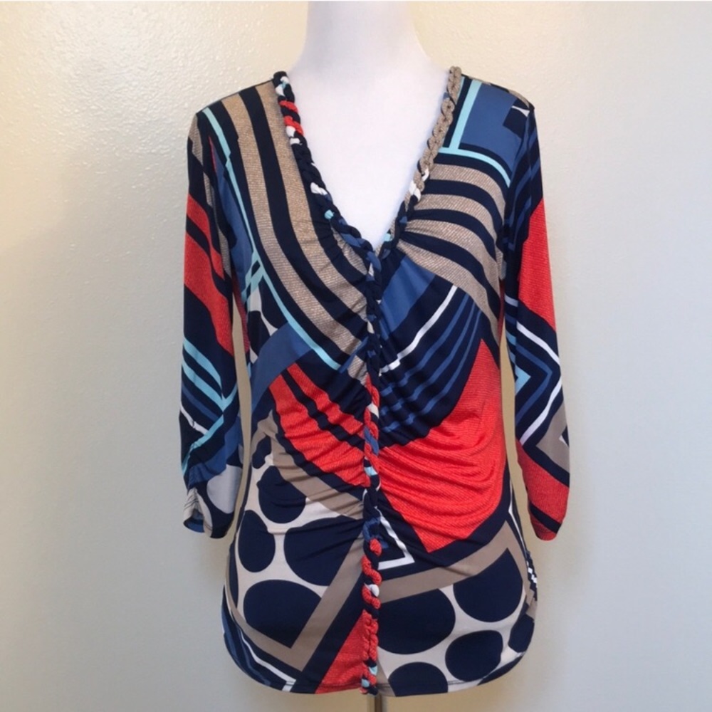 Style & Co. Mixed Print Rouched 3/4 Sleeve Top - Size Petite Small